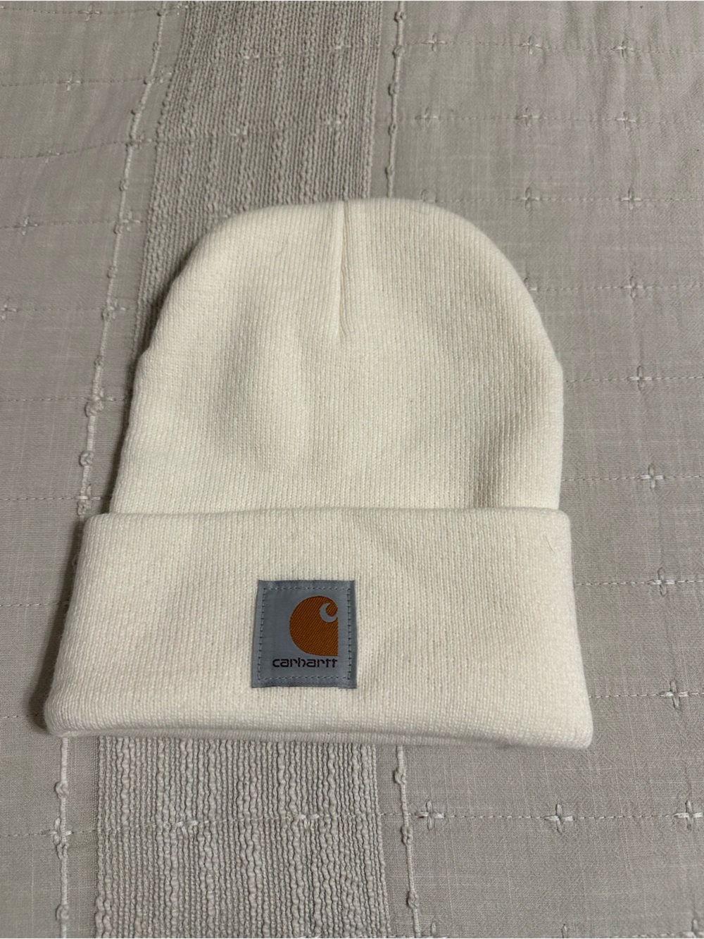 NWOT Carhartt Cream Beanie with Brown Logo Patch